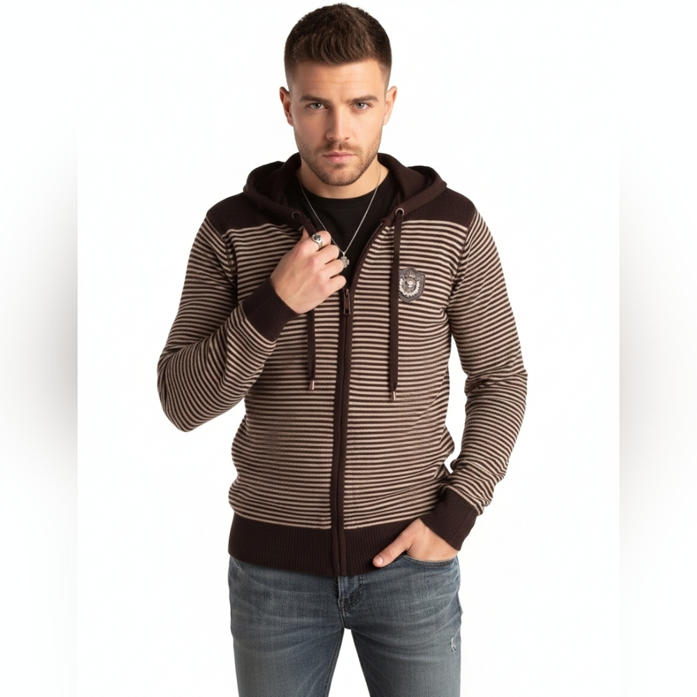 Nwt Ed Hardy Mens Patch Knitted Striped Zip Up Hoodie Sweater Wool